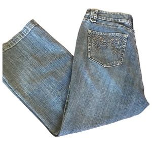 Chico’s Platinum Light Wash Harland M Crop Embellished Pocket Jeans